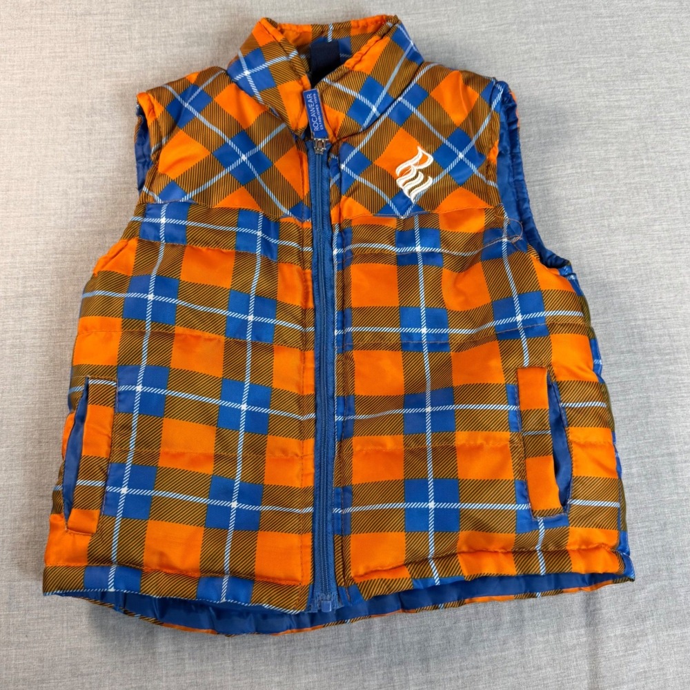 Rocawear Toddler Boys Orange Blue Plaid Puffer Vest Size 2T Zip Up Quilted Logo